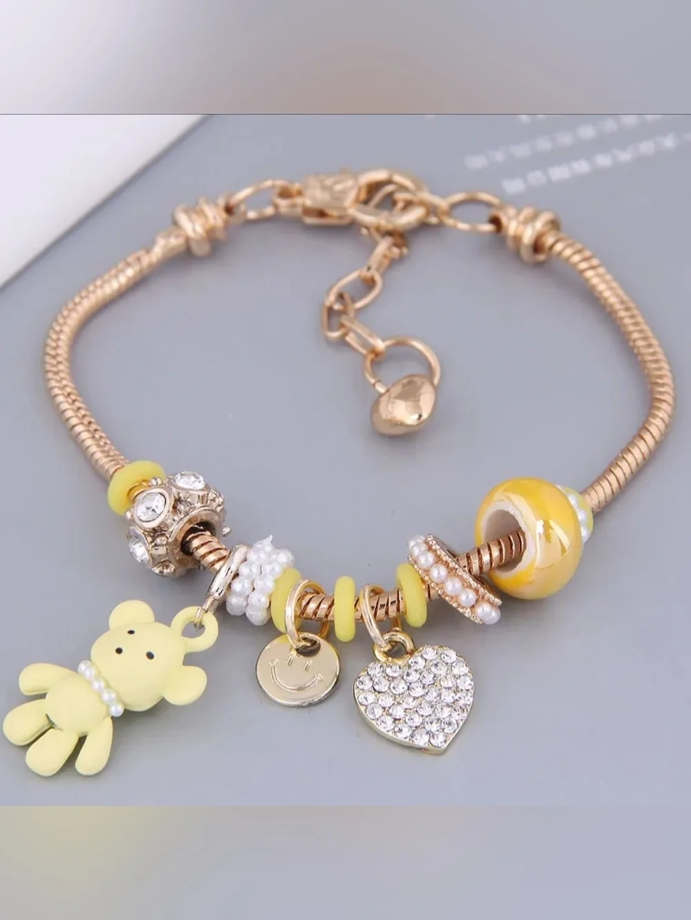 Heart and Teddy Bear Charm Bracelet Yellow Zircon Heart Charm